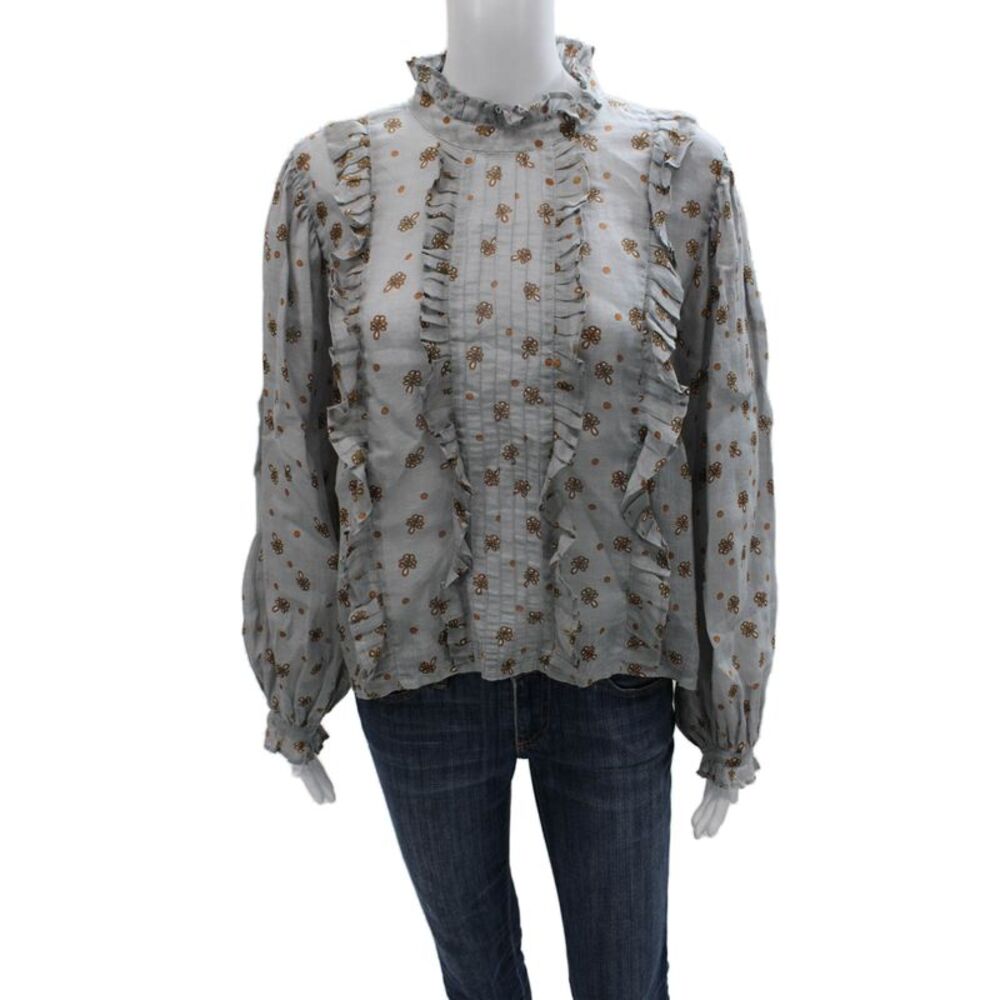 Innika Choo Womens Ramie Floral High Neck Long Sleeve Tie Blouse Size One Size
